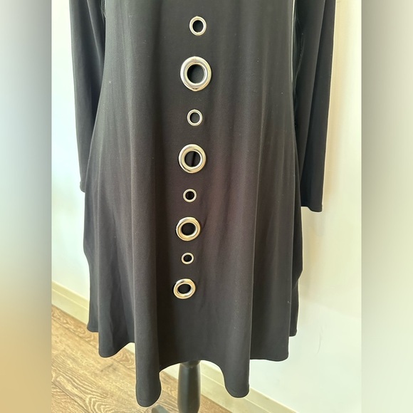 VTG Joseph Ribkoff Fit and Flare Black Dress Midi Metal Circle Detail on Front 8 - Picture 3 of 10